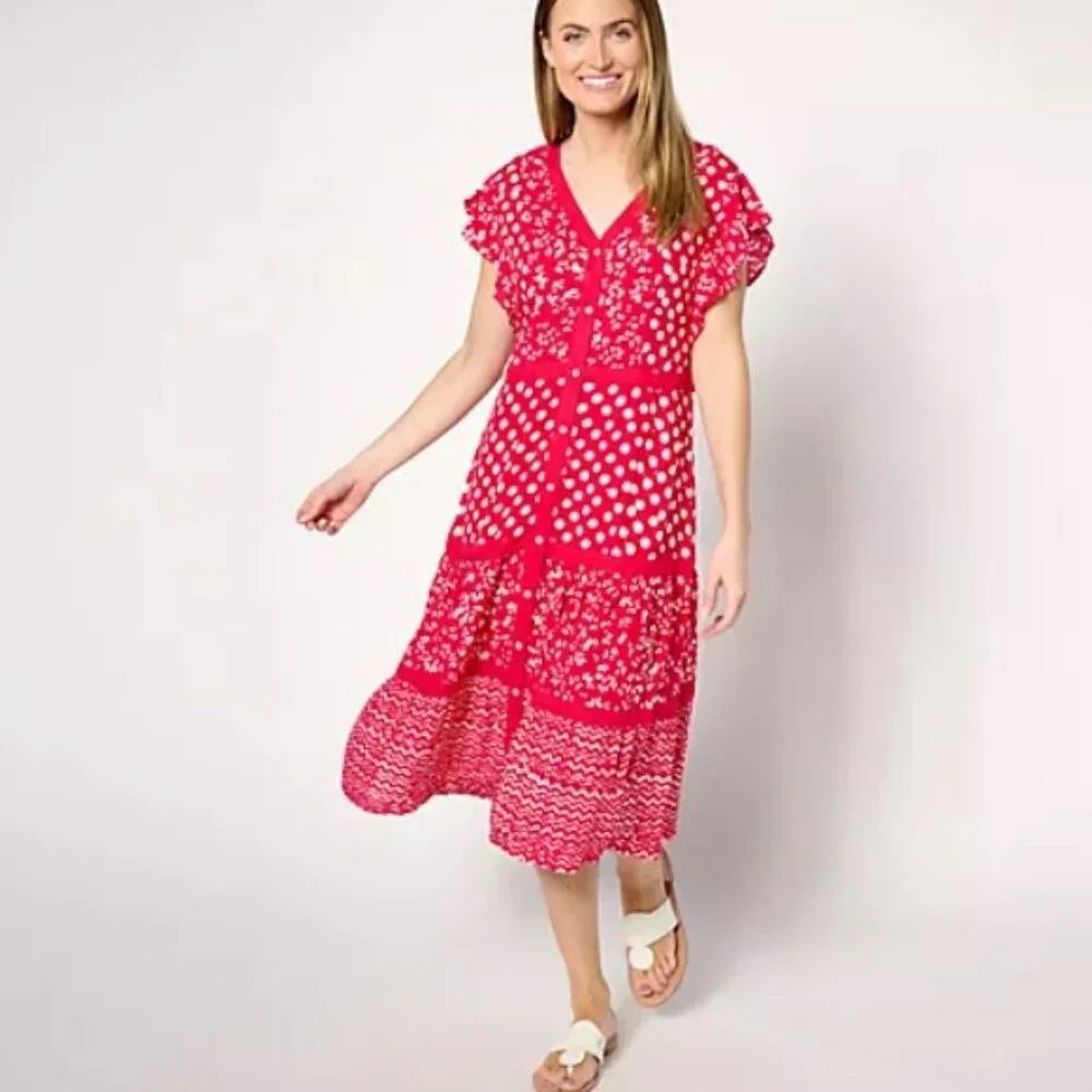 Dennis Basso Mixed Print Rayon Tiered Dress Rasberry A644399